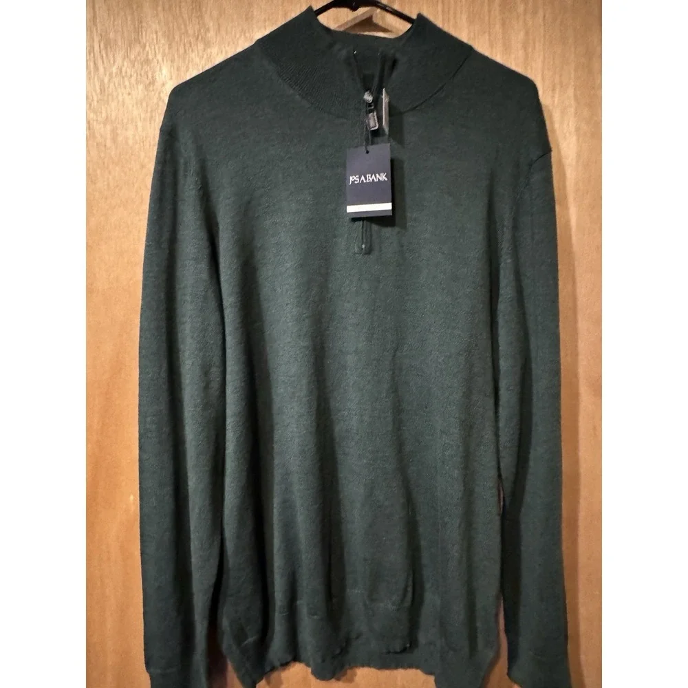Jos A Bank XL Merino Wool 1/4 Zip Sweater Green Mock Neck Mens Pullover Classic